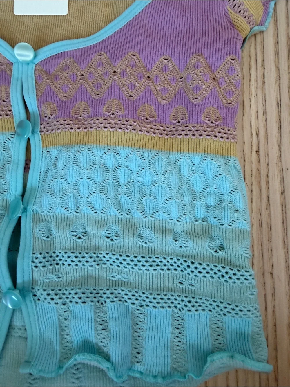 Anthropologie LyreBird Pastel Lavender Aqua Stretchy Textured Button-Front Top